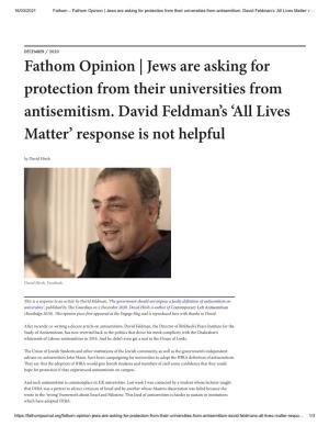Fathom Opinion | Jews Are Asking for Protection from Their Universities from Antisemitism. David Feldman's 'All Lives Matter
