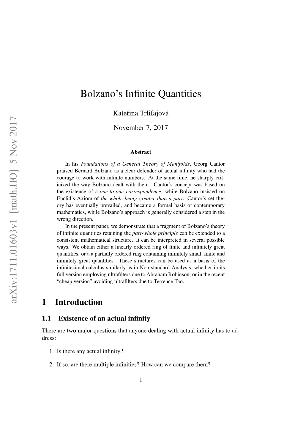 Arxiv:1711.01603V1 [Math.HO] 5 Nov 2017 Bolzano's Infinite Quantities