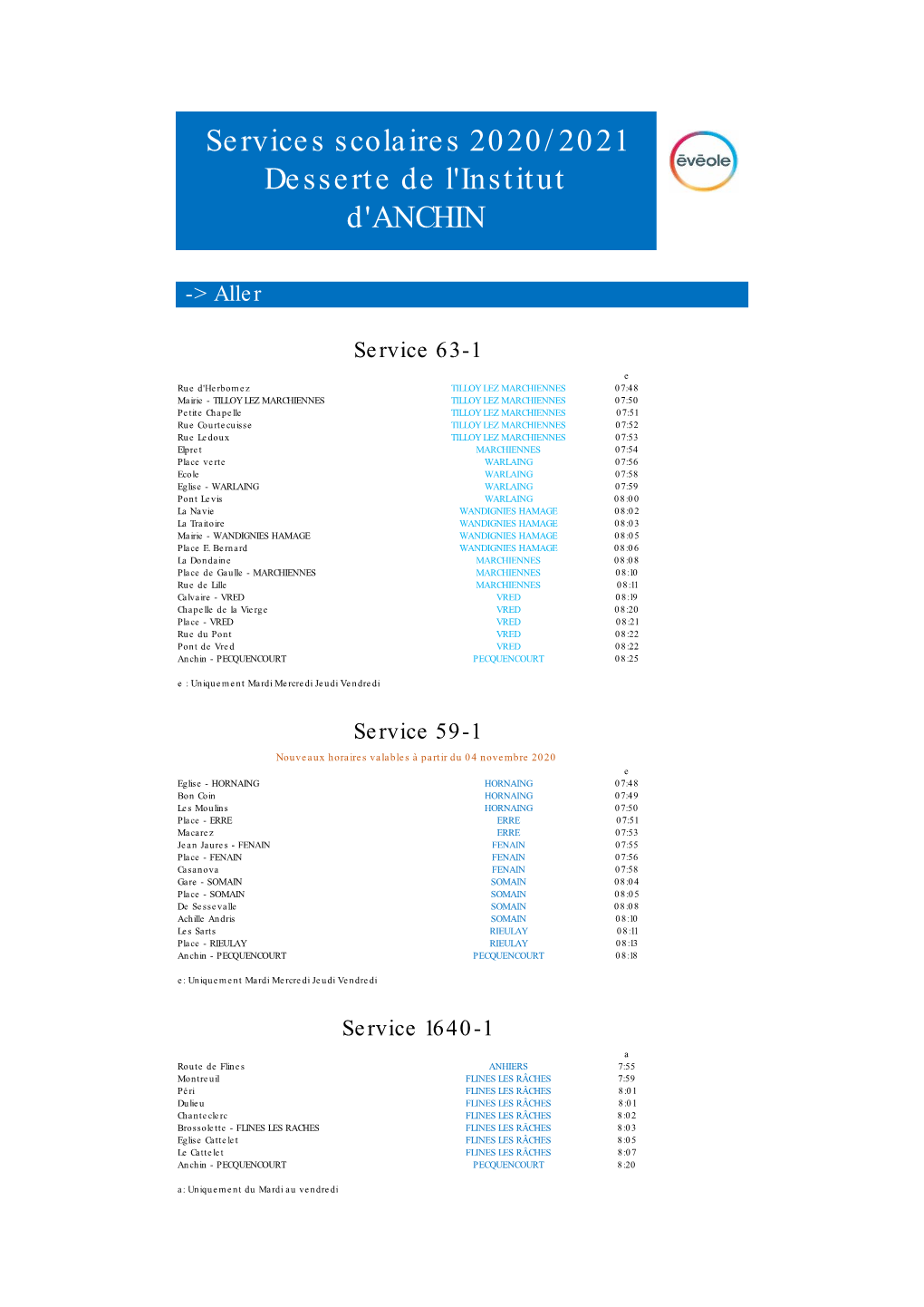 Services Scolaires 2020/2021 Desserte De L'institut D'anchin