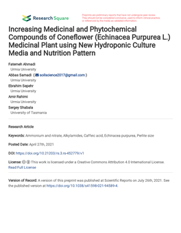 (Echinacea Purpurea L.) Medicinal Plant Using New Hydroponic Culture Media and Nutrition Pattern