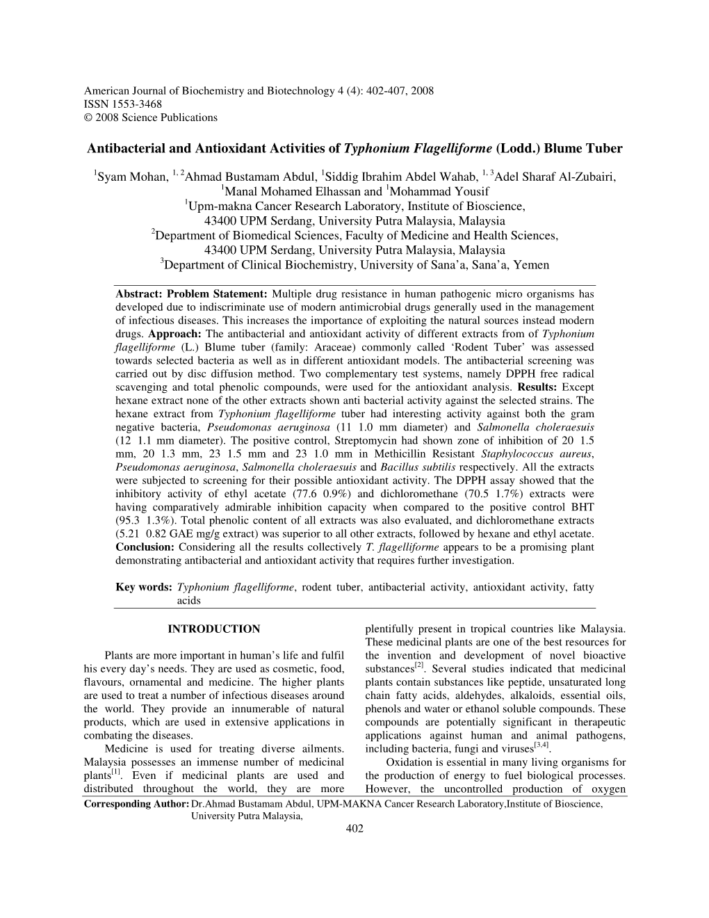 Antibacterial and Antioxidant Activities of Typhonium Flagelliforme (Lodd.) Blume Tuber