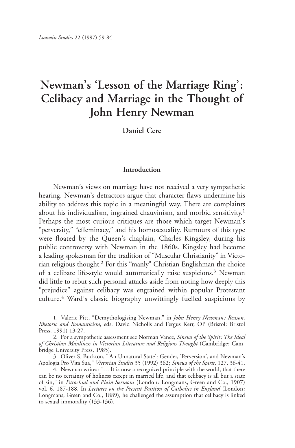 Newman's 'Lesson of the Marriage Ring': Celibacy and Marriage in The