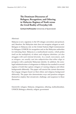 The Dominant Discourses of Refugees, Recognition, and Othering in Malaysia: Regimes of Truth Versus the Lived Reality of Everyday Life