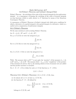 Math 346 Lecture #17 8.6 Fubini's Theorem and Leibniz's Integral Rule