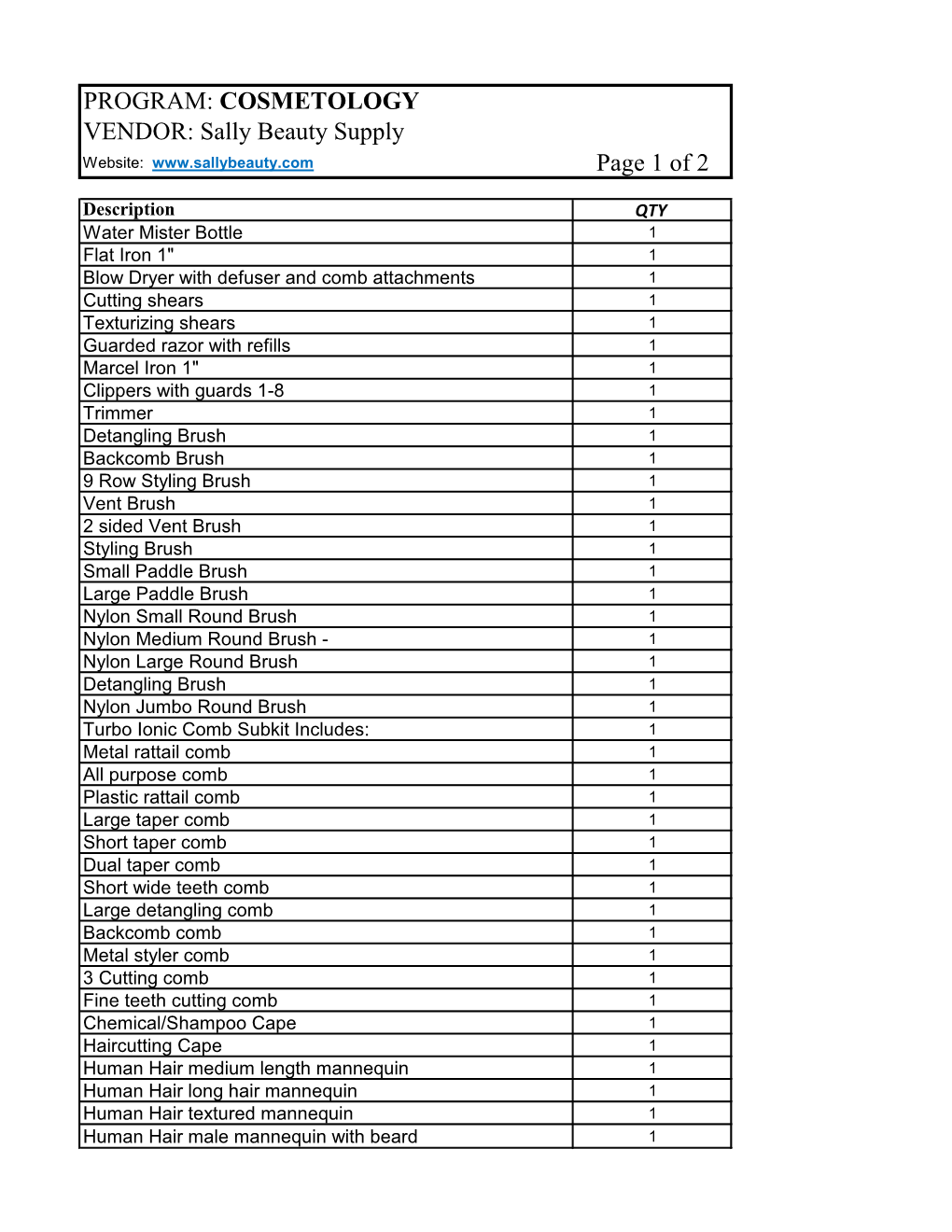 Page 1 of 2 PROGRAM: COSMETOLOGY VENDOR