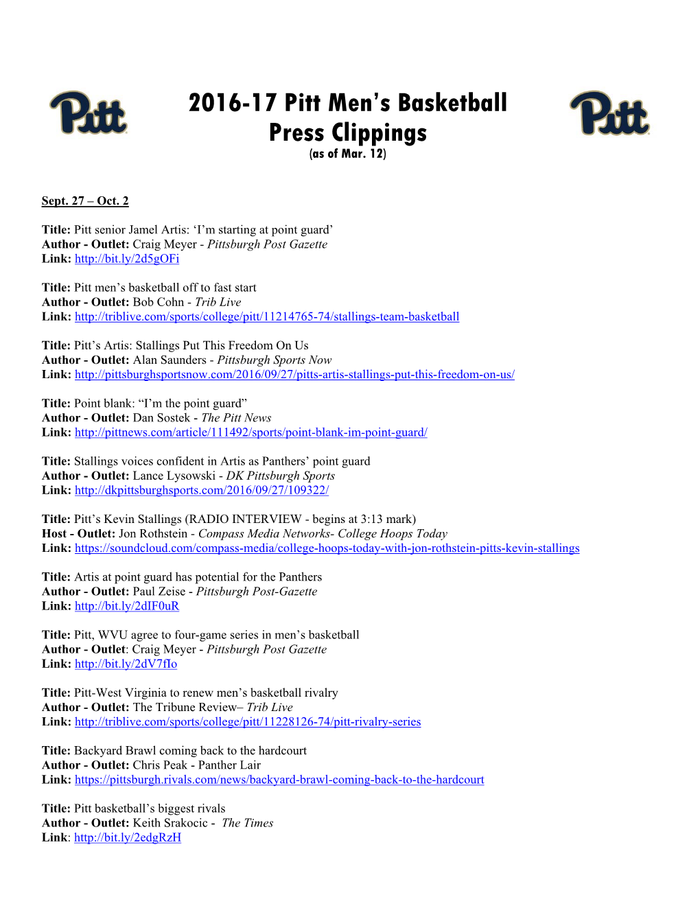 2016-17 Pitt Men's Basketball Press Clippings