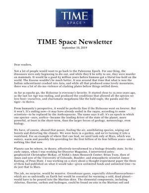 TIME Space Newsletter September 10, 2019