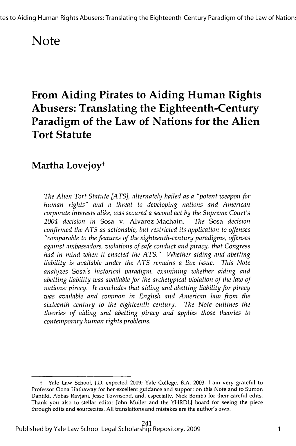 From Aiding Pirates to Aiding Human Rights Abusers: Translating the Eighteenth-Century Paradigm of the Law of Nations for the Alien Tort Statute