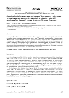 Samadinia Longispina, a New Genus and Species of Deep-Sea Spider Crab from the Western Pacific, and a New Species of Rochinia A