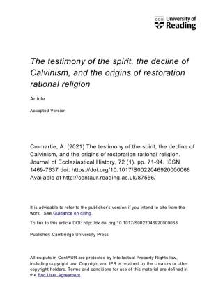 The Testimony of the Spirit, the Decline of Calvinism, and the Origins of Restoration Rational Religion
