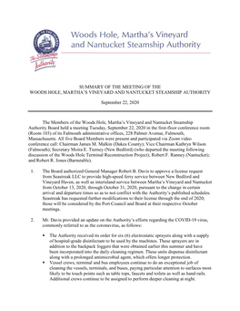Summary of the Meeting of the Woods Hole, Martha’S Vineyard and Nantucket Steamship Authority