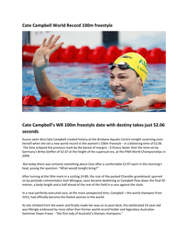 Cate Campbell World Record 100M Freestyle Cate Campbell's WR