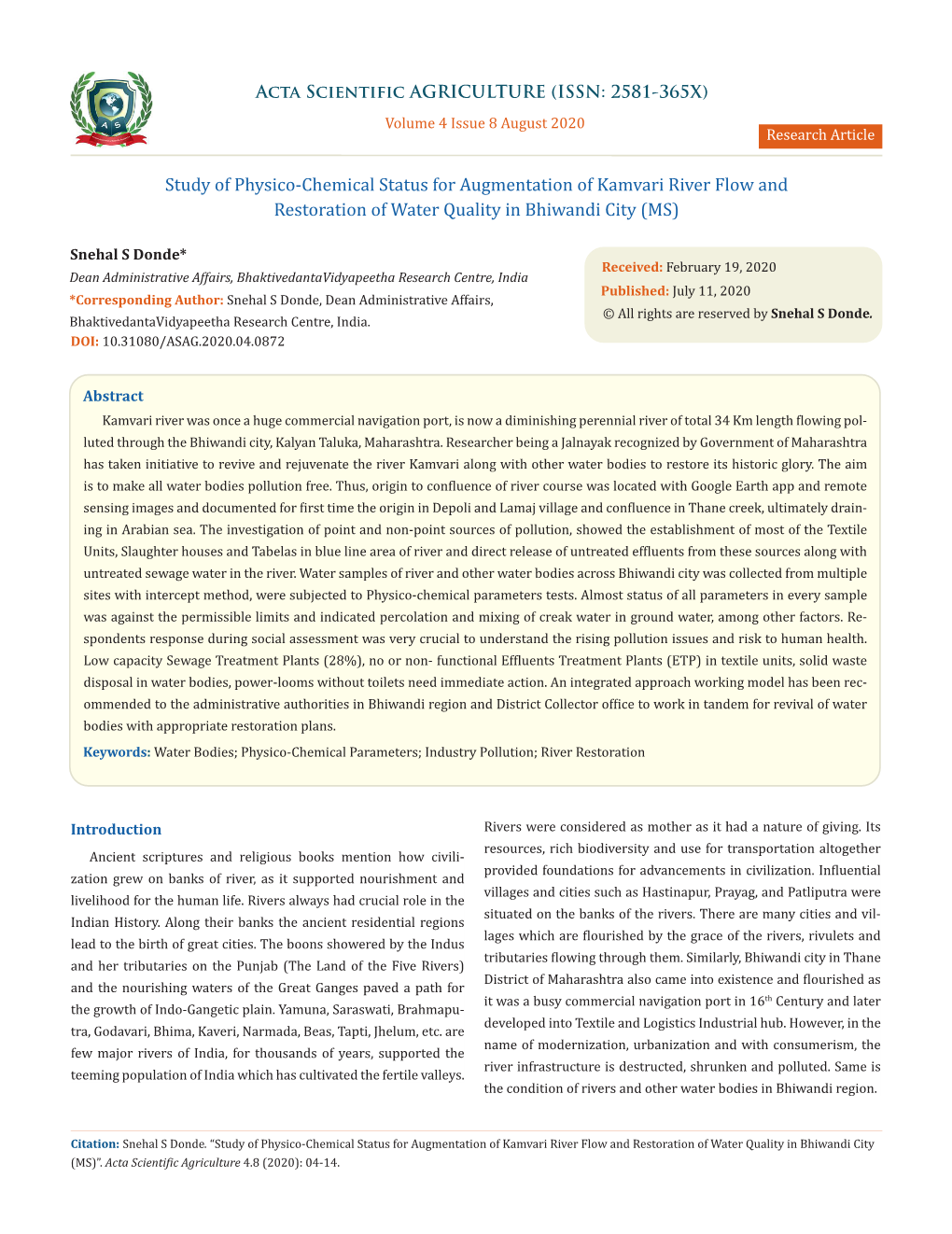 Study of Physico-Chemical Status for Augmentation of Kamvari River Flow and Restoration of Water Quality in Bhiwandi City (MS)