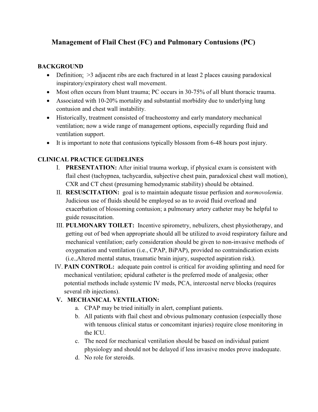 Management of Flail Chest (FC) and Pulmonary Contusions (PC)