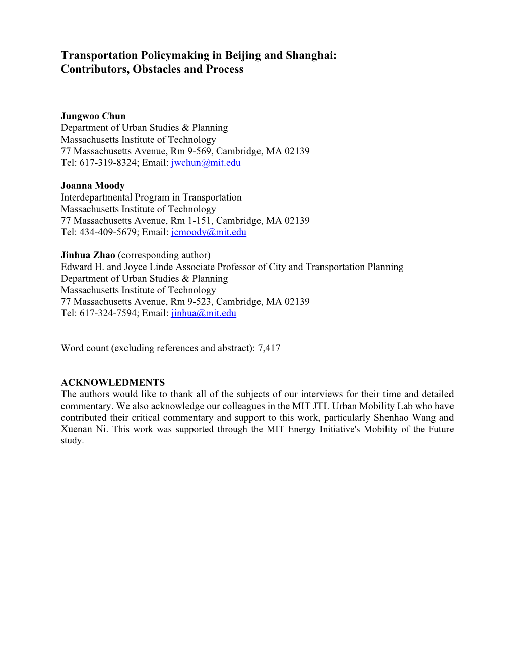 Transportation Policymaking in Beijing and Shanghai: Contributors, Obstacles and Process