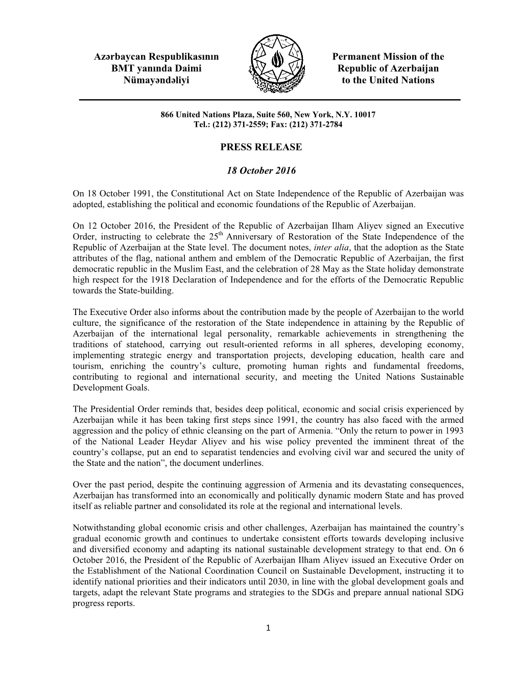 Azərbaycan Respublikasının Permanent Mission of the BMT Yanında Daimi Republic of Azerbaijan Nümayəndəliyi to the United Nations