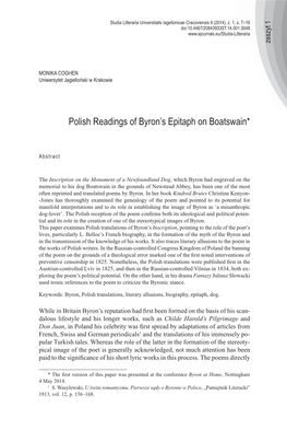 Polish Readings of Byron's Epitaph on Boatswain