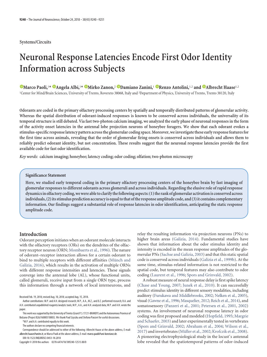 Neuronal Response Latencies Encode First Odor Identity Information Across Subjects