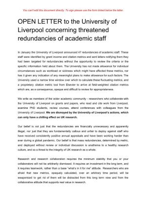 OPEN LETTER to the University of Liverpool Concerning Threatened Redundancies of Academic Staff
