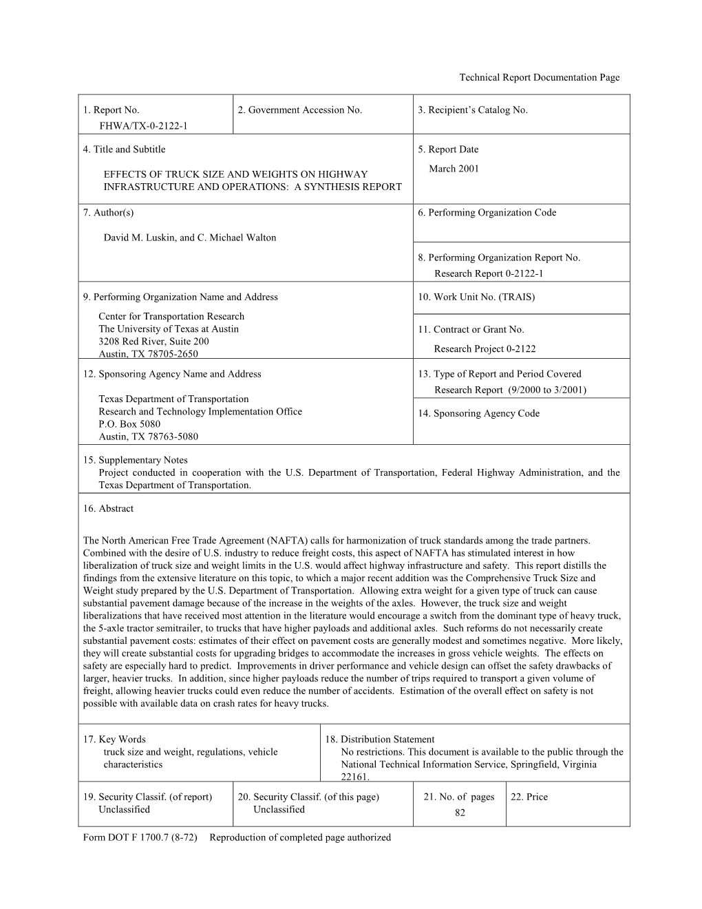 Effects of Truck Size and Weights on Highway Infrastructure and Operations: a Synthesis Report