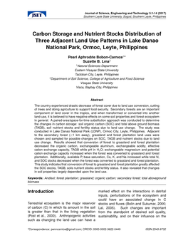 Carbon Storage and Nutrient Stocks Distribution of Three Adjacent Land Use Patterns in Lake Danao National Park, Ormoc, Leyte, Philippines