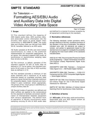 Formatting AES/EBU Audio and Auxiliary Data Into Digital Video Ancillary Data Space