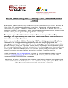 Clinical Pharmacology and Pharmacogenomics Fellowship Research Training