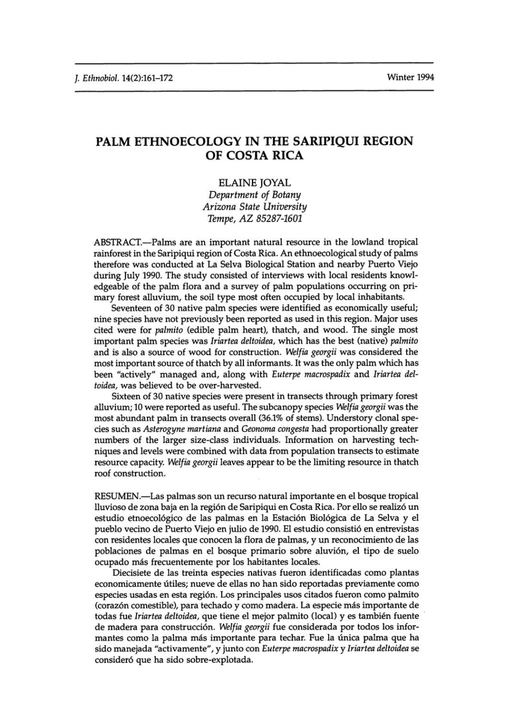 Palm Ethnoecology in the Saripiqui Region of Costa Rica