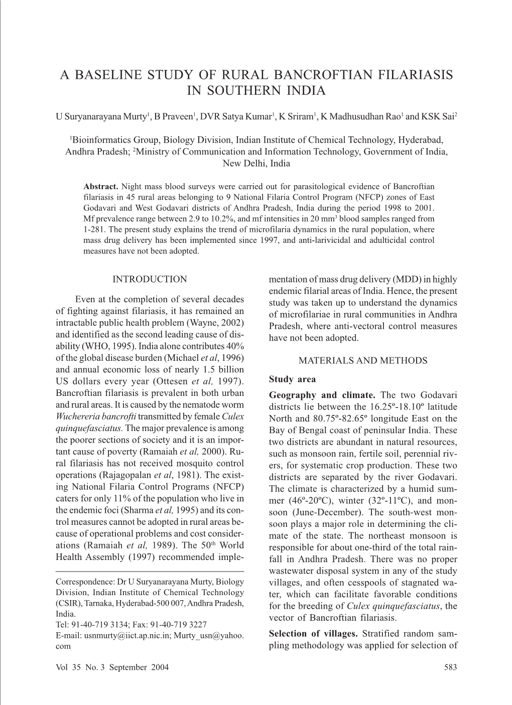 A Baseline Study of Rural Bancroftian Filariasis in Southern India