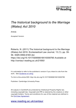 The Historical Background to the Marriage (Wales) Act 2010