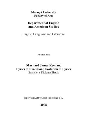 Department of English and American Studies English Language and Literature Maynard James Keenan: Lyrics of Evolution; Evolution