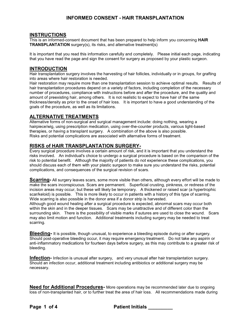 HAIR TRANSPLANTATION Page 1 of 4 Patient Initials