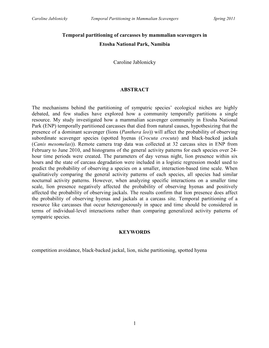 1 Temporal Partitioning of Carcasses by Mammalian Scavengers In