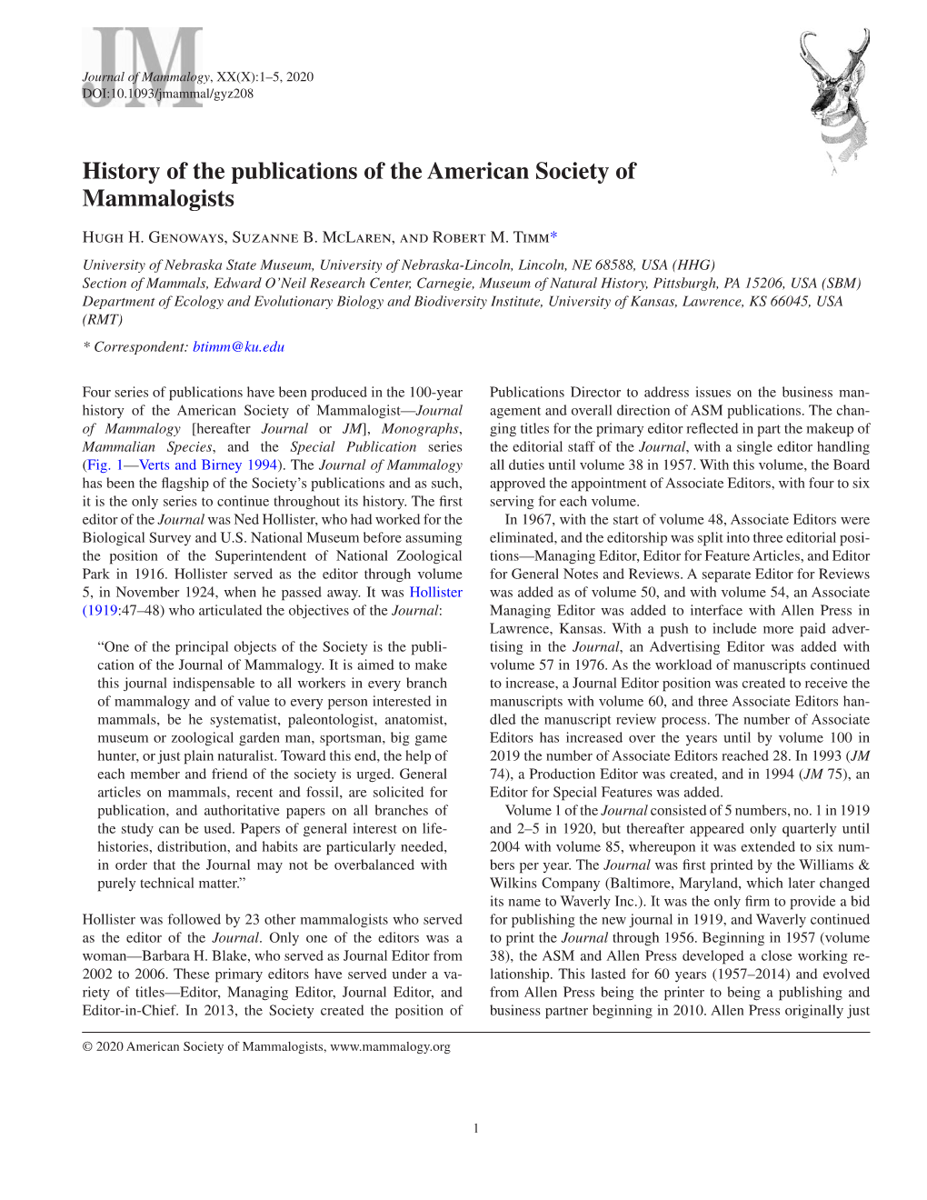 History of the Publications of the American Society of Mammalogists