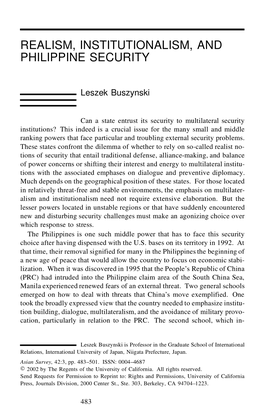 Realism, Institutionalism, and Philippine Security
