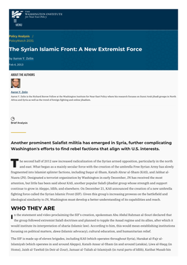 The Syrian Islamic Front: a New Extremist Force by Aaron Y