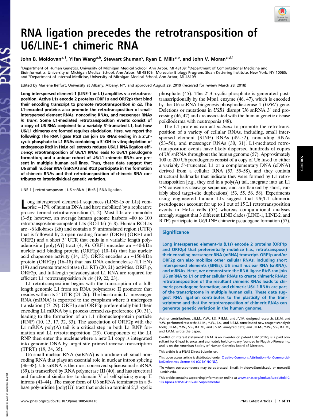 RNA Ligation Precedes the Retrotransposition of U6/LINE-1 Chimeric RNA