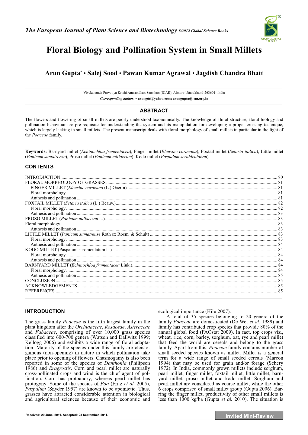 Floral Biology and Pollination System in Small Millets