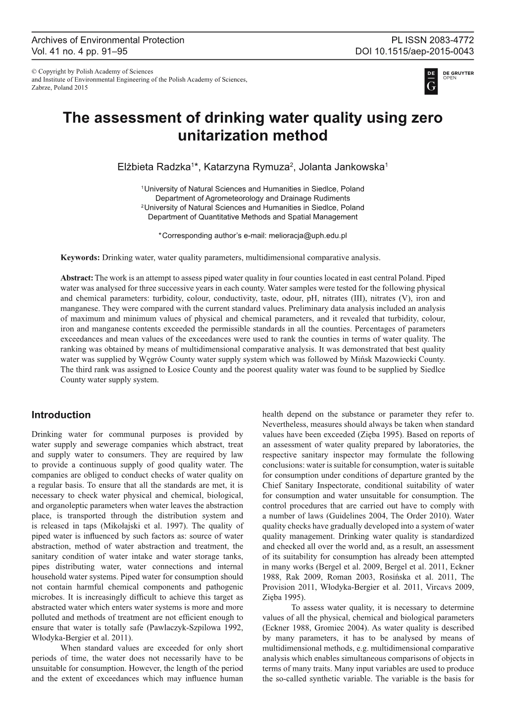 The Assessment of Drinking Water Quality Using Zero Unitarization Method