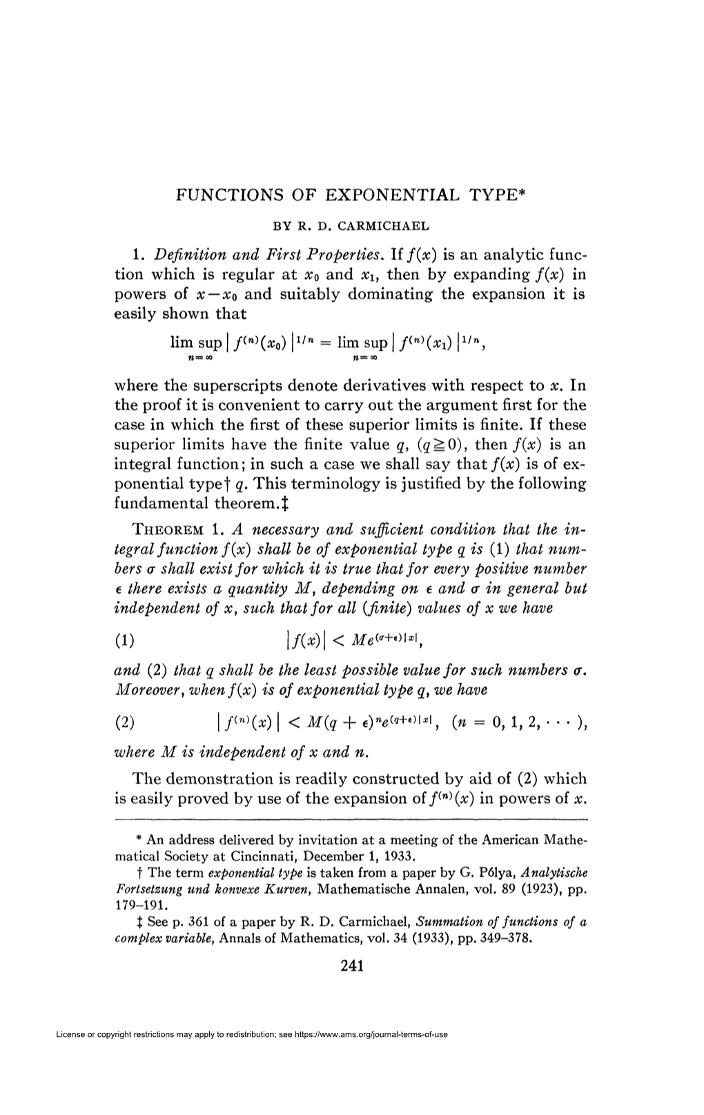 FUNCTIONS of EXPONENTIAL TYPE* 1. Definition and First