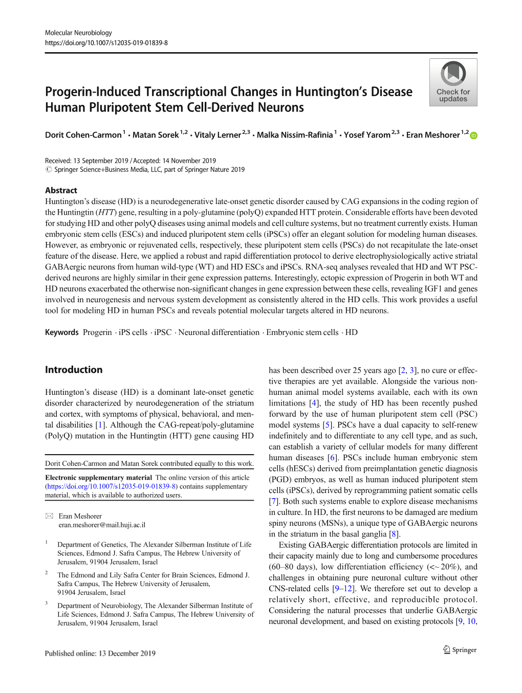 Progerin-Induced Transcriptional Changes in Huntington's Disease