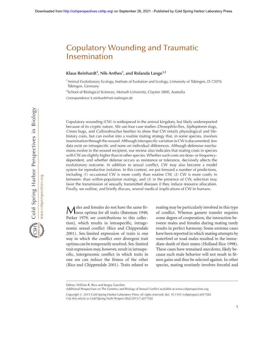 Copulatory Wounding and Traumatic Insemination