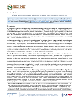 FEWS NET Special Report: a Famine Likely Occurred in Bama LGA and May Be Ongoing in Inaccessible Areas of Borno State