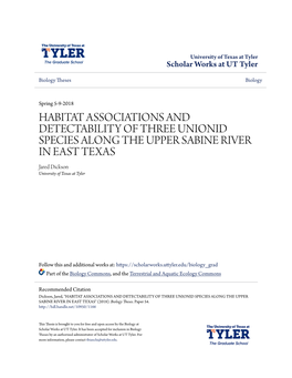 HABITAT ASSOCIATIONS and DETECTABILITY of THREE UNIONID SPECIES ALONG the UPPER SABINE RIVER in EAST TEXAS Jared Dickson University of Texas at Tyler