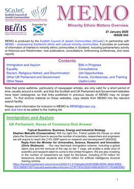 MEMO Is Produced by the Scottish Council of Jewish Communities (Scojec) in Partnership with BEMIS – Empowering Scotland's Ethnic and Cultural Minority Communities