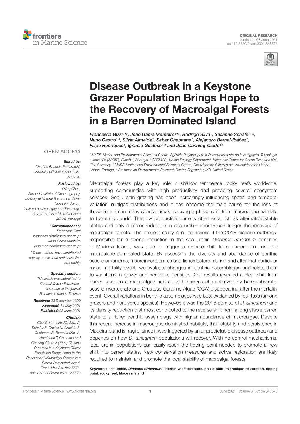 Disease Outbreak in a Keystone Grazer Population Brings Hope to the Recovery of Macroalgal Forests in a Barren Dominated Island