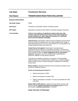 Transfusion Reaction Evaluation