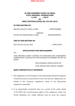 In the Supreme Court of India Civil Original Jurisdiction I.A.No ______/2019 in Writ Petition (Civil) No