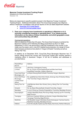 Myanmar Foreign Investment Tracking Project Questions for Coca-Cola Myanmar Version 1.0