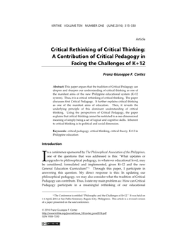 Critical Rethinking of Critical Thinking: a Contribution of Critical Pedagogy in Facing the Challenges of K+12